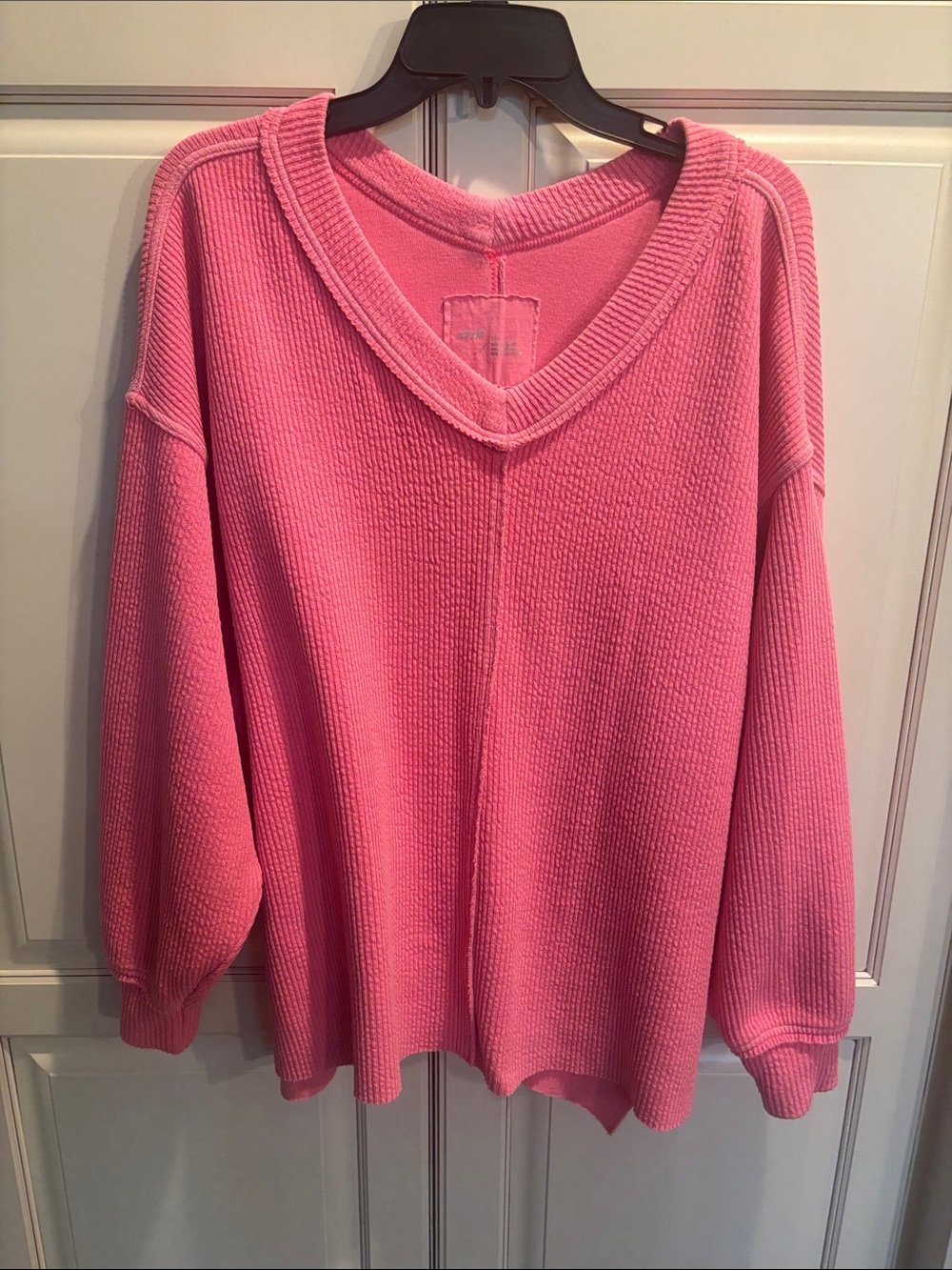 aerie Pink Ribbed V-Neck Sweatshirt Raw Hen